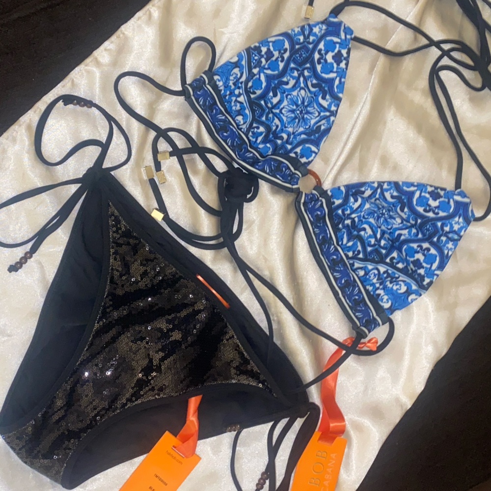 Blue and Black Sequin Bikini Set